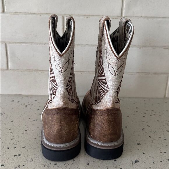 Dan Post Youth Cream and Brown Leather Western Boots Pull On Children’s Size 2 D - Picture 3 of 12